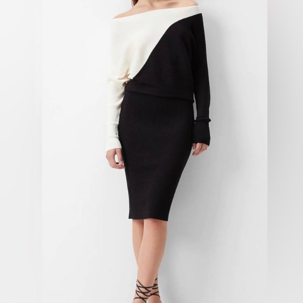 Express ribbed knit Black Cream Colorblock Long Sleeve Midi Sweater Dress